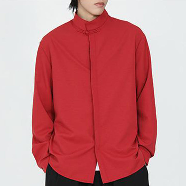 Camicia da uomo in cotone a maniche lunghe con un bottone e motivo Buddha Stones, tinta unita - image 14