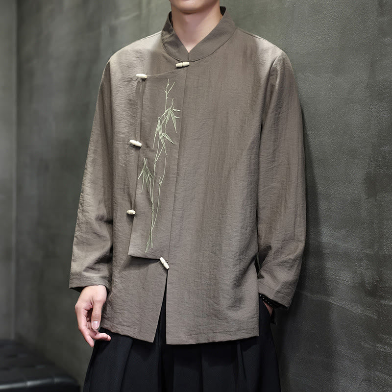 Camicia da uomo in cotone e lino a maniche lunghe con ricamo di foglie di bambù in tinta unita autunnale Buddha Stones - image 1