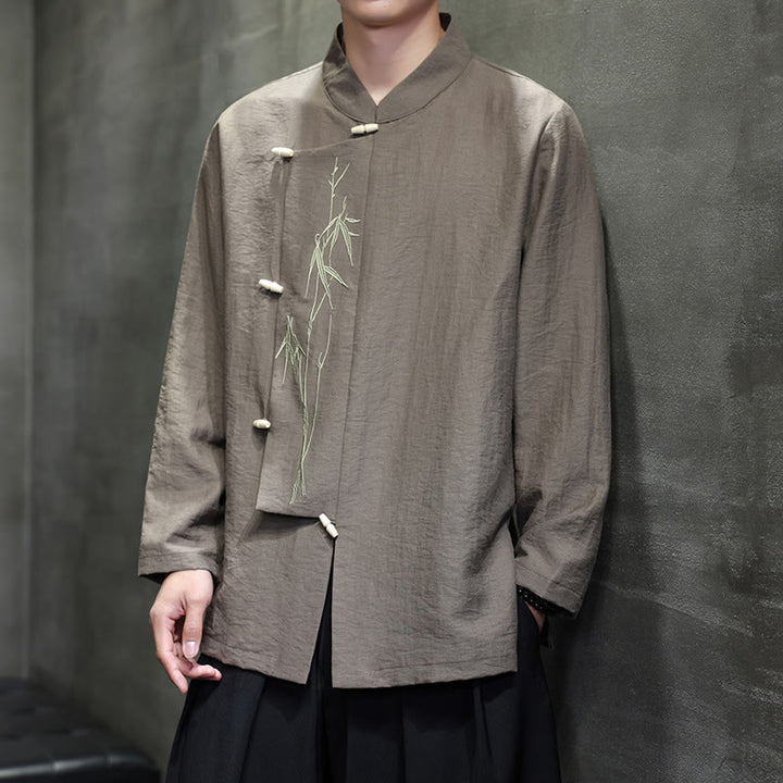 Camicia da uomo in cotone e lino a maniche lunghe con ricamo di foglie di bambù in tinta unita autunnale Buddha Stones - image 1