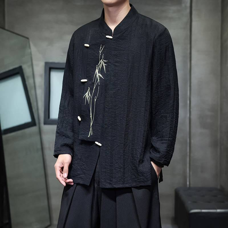 Camicia da uomo in cotone e lino a maniche lunghe con ricamo di foglie di bambù in tinta unita autunnale Buddha Stones - Nero - US/UK/AU46, EU56 (5XL) - image 16