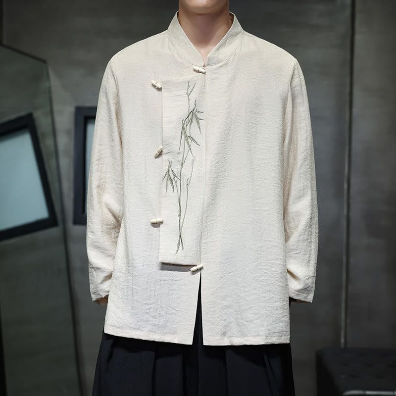 Camicia da uomo in cotone e lino a maniche lunghe con ricamo di foglie di bambù in tinta unita autunnale Buddha Stones - Beige - US/UK/AU46, EU56 (5XL) - image 7