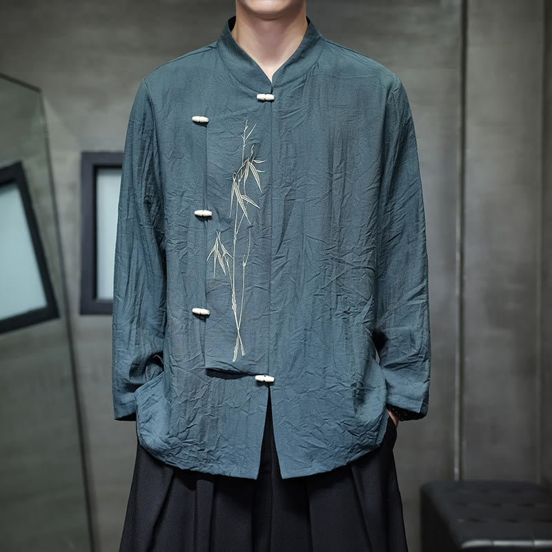 Camicia da uomo in cotone e lino a maniche lunghe con ricamo di foglie di bambù in tinta unita autunnale Buddha Stones - Verde acqua - US/UK/AU46, EU56 (5XL) - image 21