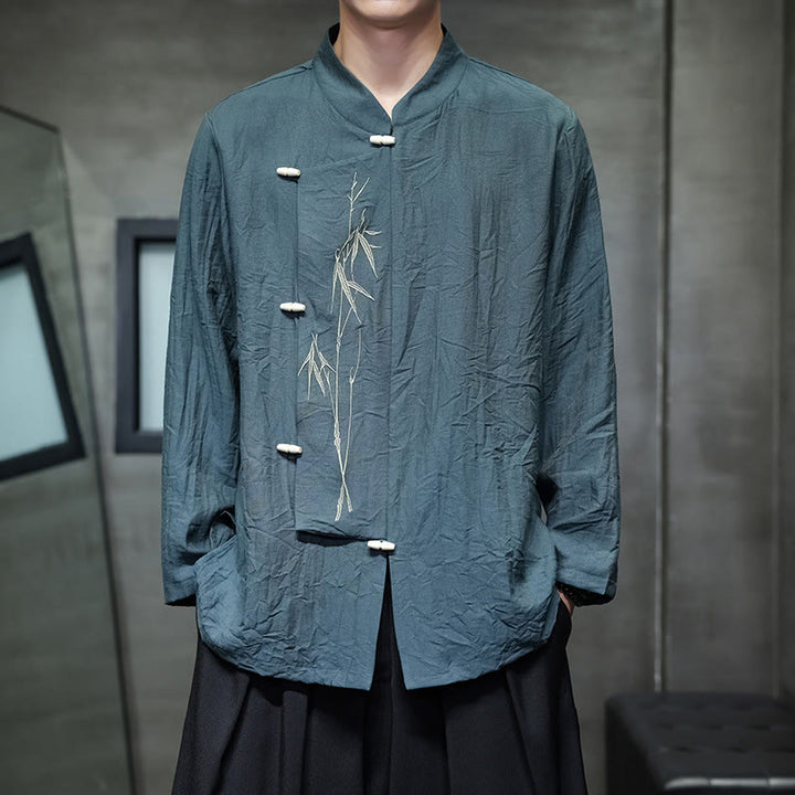 Camicia da uomo in cotone e lino a maniche lunghe con ricamo di foglie di bambù in tinta unita autunnale Buddha Stones - Verde acqua - US/UK/AU46, EU56 (5XL) - image 21