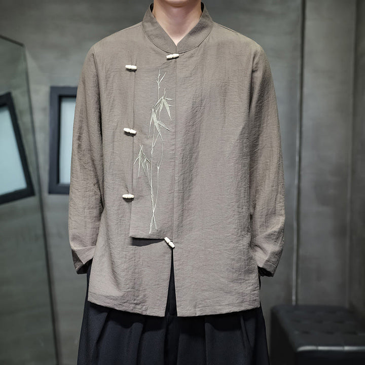 Camicia da uomo in cotone e lino a maniche lunghe con ricamo di foglie di bambù in tinta unita autunnale Buddha Stones - Abbronzatura - US/UK/AU46, EU56 (5XL) - image 0