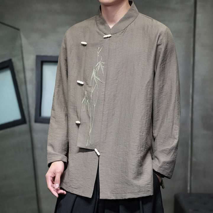 Camicia da uomo in cotone e lino a maniche lunghe con ricamo di foglie di bambù in tinta unita autunnale Buddha Stones - image 4