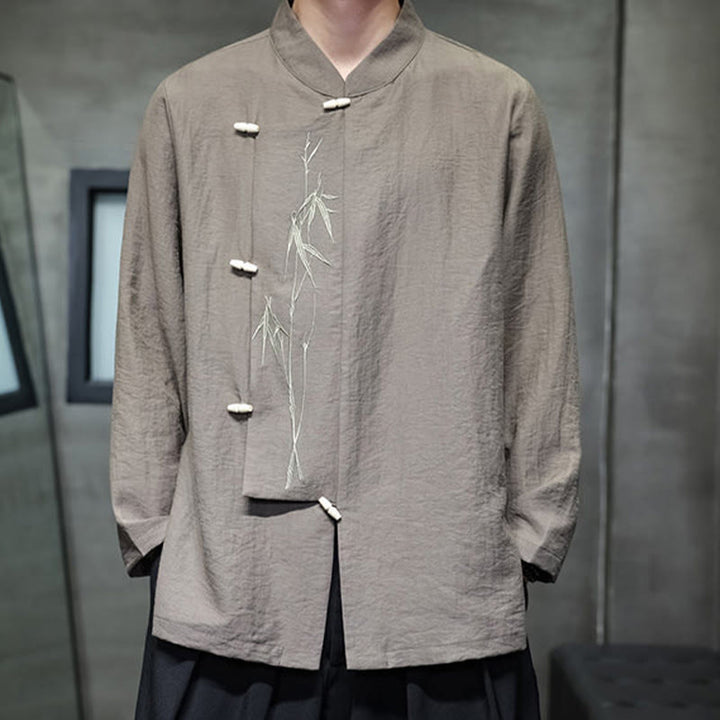 Camicia da uomo in cotone e lino a maniche lunghe con ricamo di foglie di bambù in tinta unita autunnale Buddha Stones - image 2