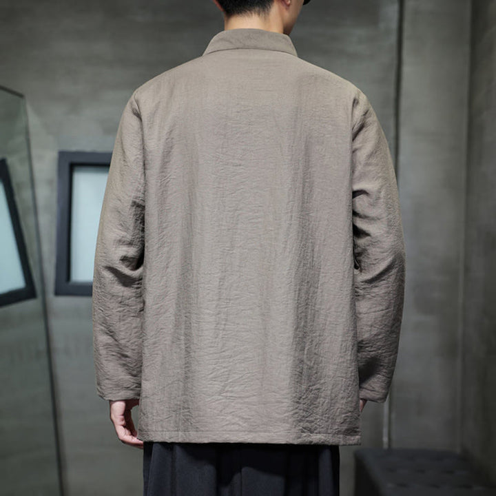 Camicia da uomo in cotone e lino a maniche lunghe con ricamo di foglie di bambù in tinta unita autunnale Buddha Stones - image 3