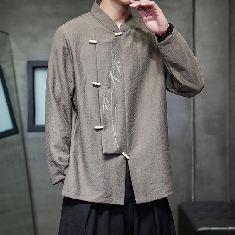 Camicia da uomo in cotone e lino a maniche lunghe con ricamo di foglie di bambù in tinta unita autunnale Buddha Stones - image 5