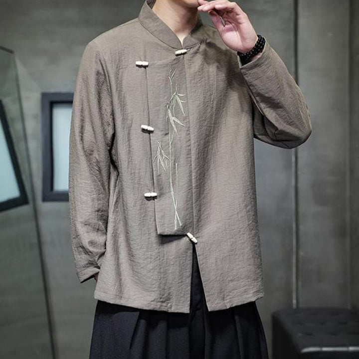 Camicia da uomo in cotone e lino a maniche lunghe con ricamo di foglie di bambù in tinta unita autunnale Buddha Stones - image 5