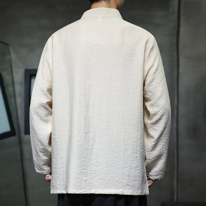 Camicia da uomo in cotone e lino a maniche lunghe con ricamo di foglie di bambù in tinta unita autunnale Buddha Stones - image 9