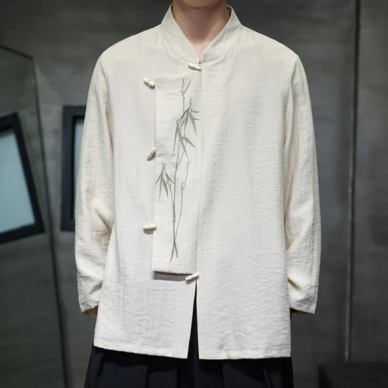 Camicia da uomo in cotone e lino a maniche lunghe con ricamo di foglie di bambù in tinta unita autunnale Buddha Stones - image 10