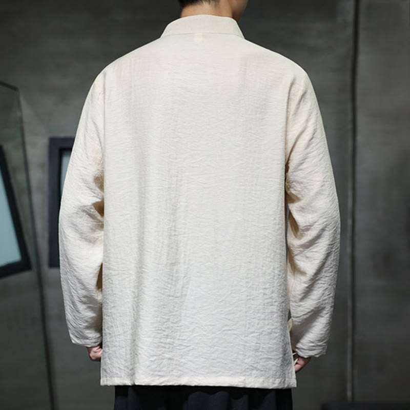 Camicia da uomo in cotone e lino a maniche lunghe con ricamo di foglie di bambù in tinta unita autunnale Buddha Stones - image 9