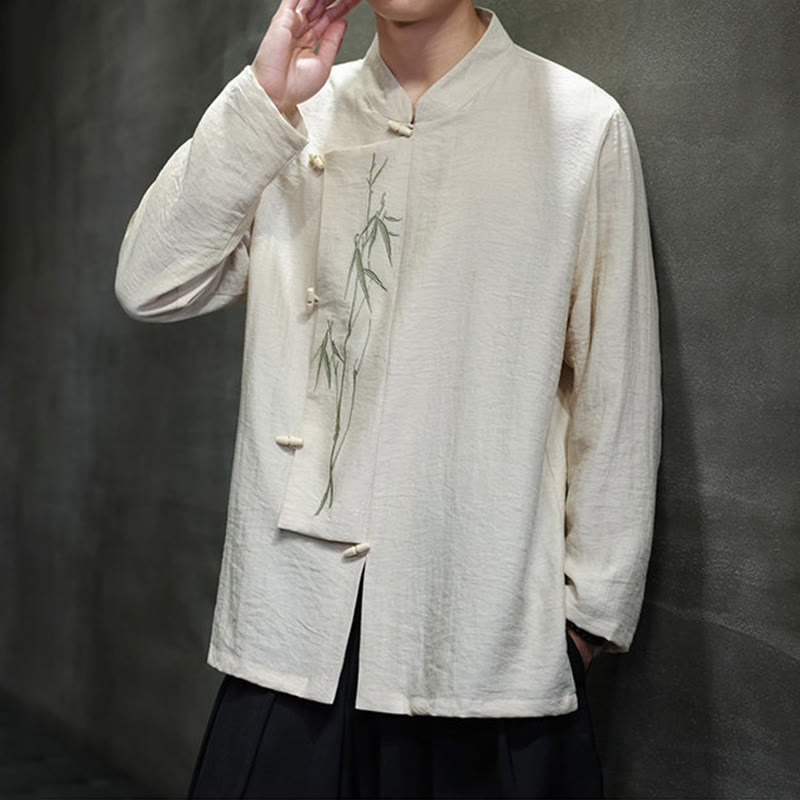 Camicia da uomo in cotone e lino a maniche lunghe con ricamo di foglie di bambù in tinta unita autunnale Buddha Stones - image 12
