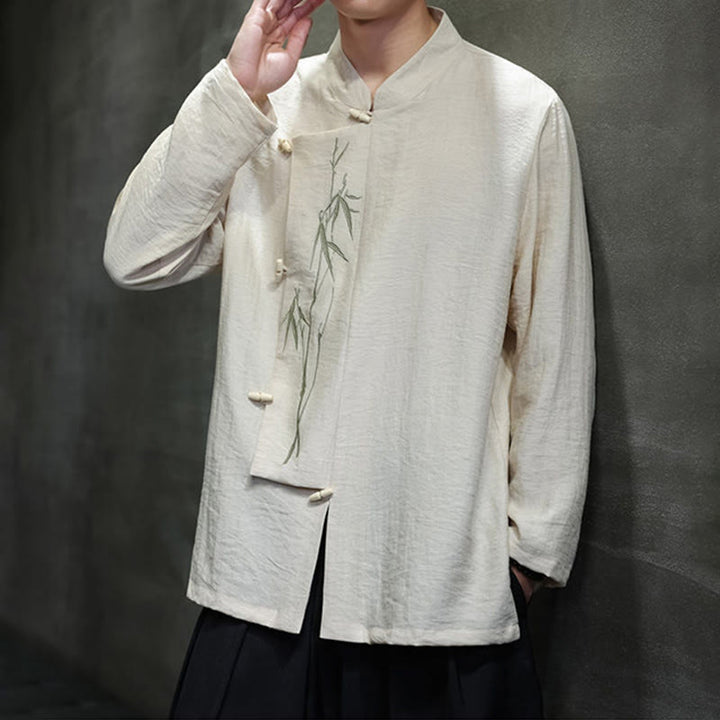 Camicia da uomo in cotone e lino a maniche lunghe con ricamo di foglie di bambù in tinta unita autunnale Buddha Stones - image 12