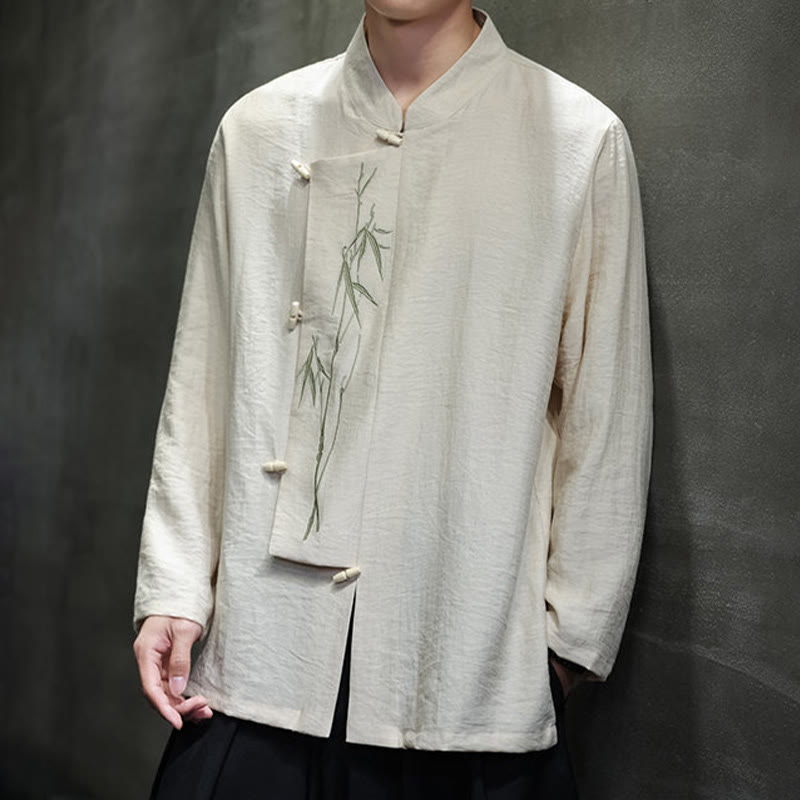 Camicia da uomo in cotone e lino a maniche lunghe con ricamo di foglie di bambù in tinta unita autunnale Buddha Stones - image 14