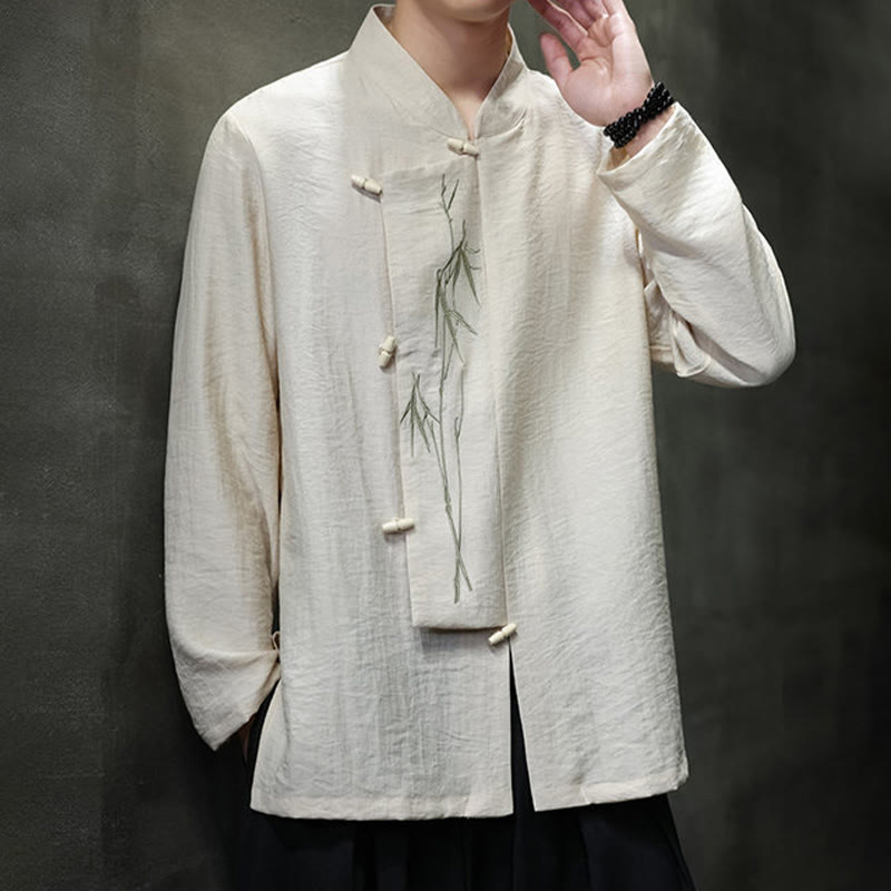 Camicia da uomo in cotone e lino a maniche lunghe con ricamo di foglie di bambù in tinta unita autunnale Buddha Stones - image 11