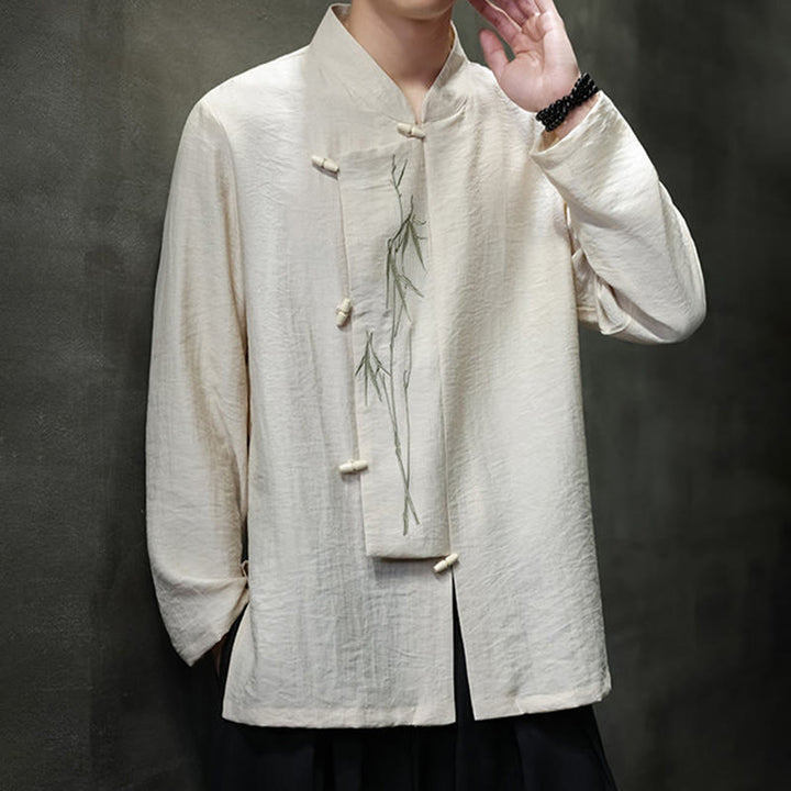 Camicia da uomo in cotone e lino a maniche lunghe con ricamo di foglie di bambù in tinta unita autunnale Buddha Stones - image 11