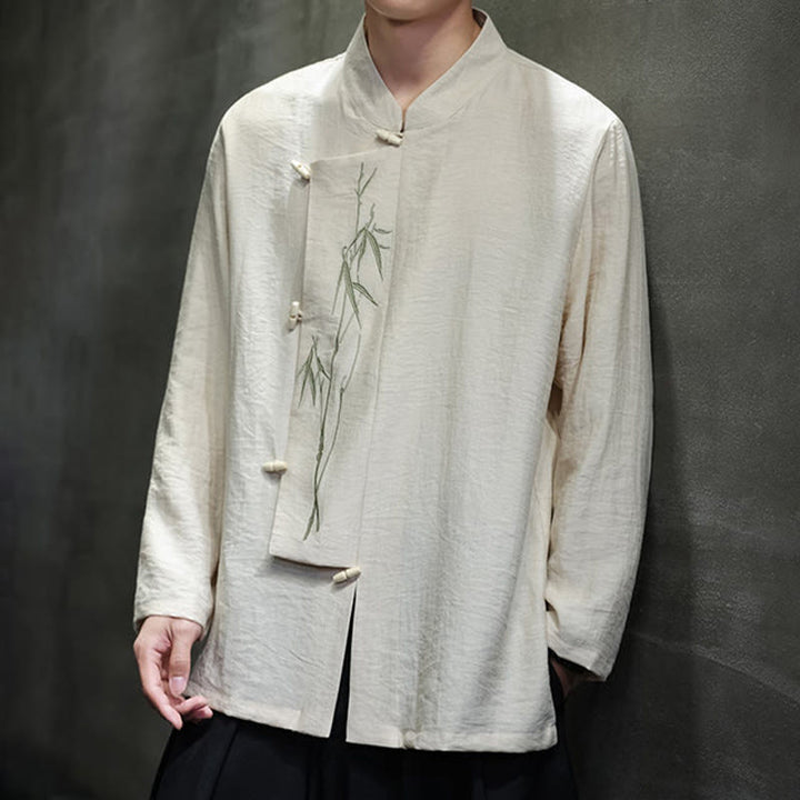 Camicia da uomo in cotone e lino a maniche lunghe con ricamo di foglie di bambù in tinta unita autunnale Buddha Stones - image 14