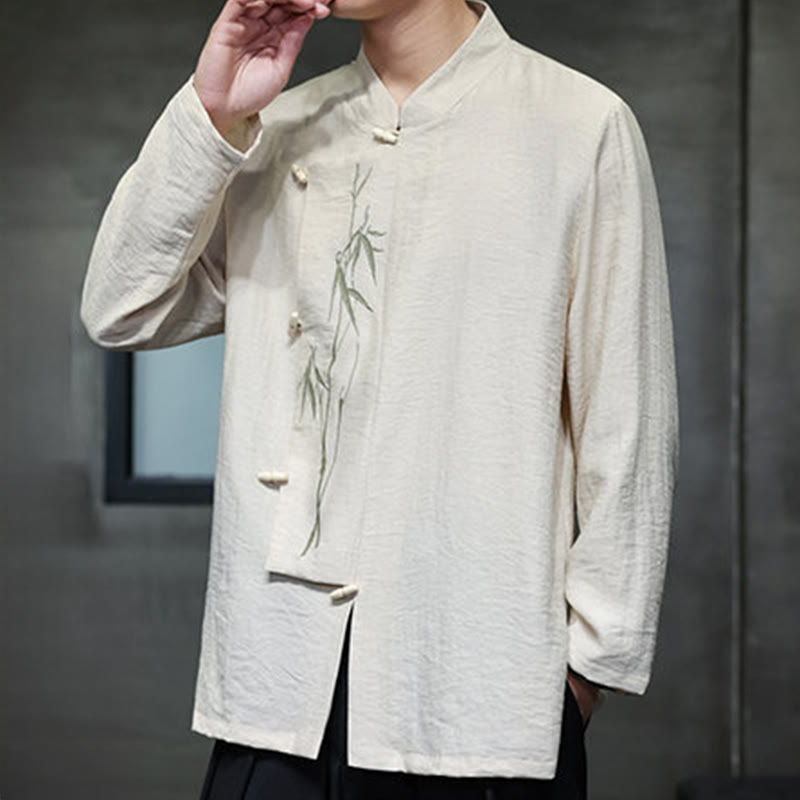 Camicia da uomo in cotone e lino a maniche lunghe con ricamo di foglie di bambù in tinta unita autunnale Buddha Stones - image 8