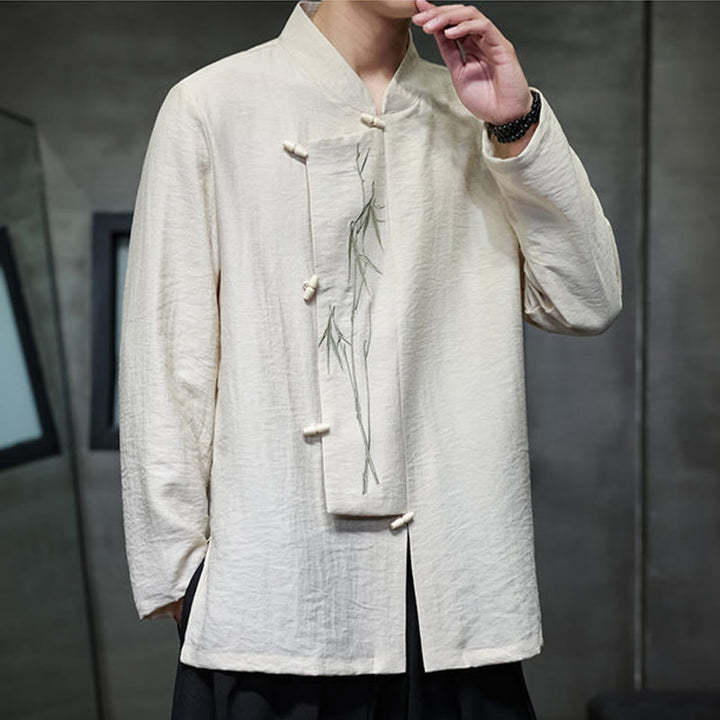 Camicia da uomo in cotone e lino a maniche lunghe con ricamo di foglie di bambù in tinta unita autunnale Buddha Stones - image 13