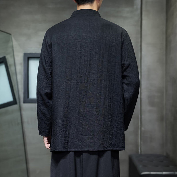 Camicia da uomo in cotone e lino a maniche lunghe con ricamo di foglie di bambù in tinta unita autunnale Buddha Stones - image 19