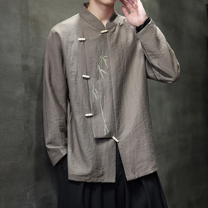 Camicia da uomo in cotone e lino a maniche lunghe con ricamo di foglie di bambù in tinta unita autunnale Buddha Stones - image 6