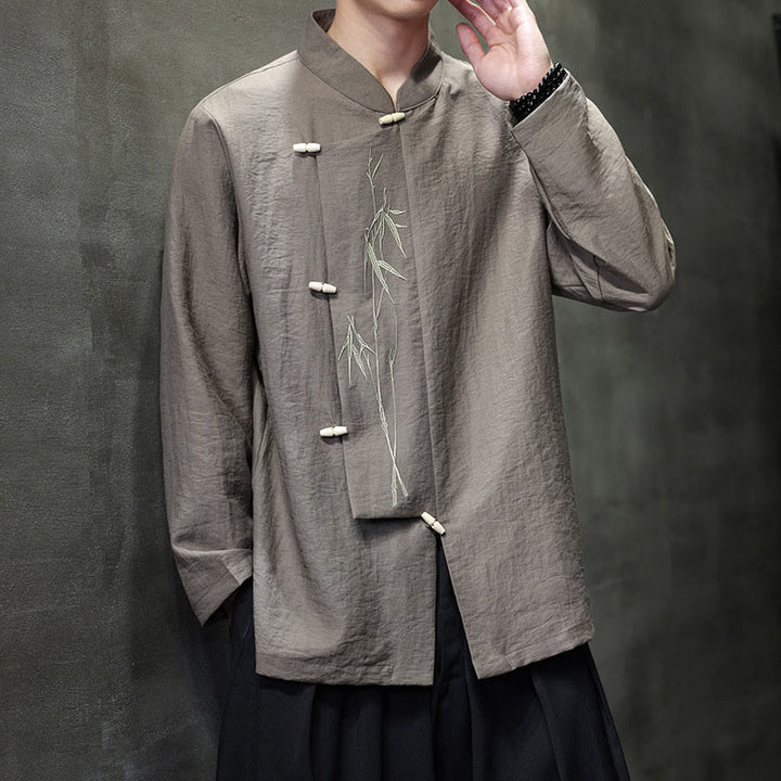 Camicia da uomo in cotone e lino a maniche lunghe con ricamo di foglie di bambù in tinta unita autunnale Buddha Stones - image 6