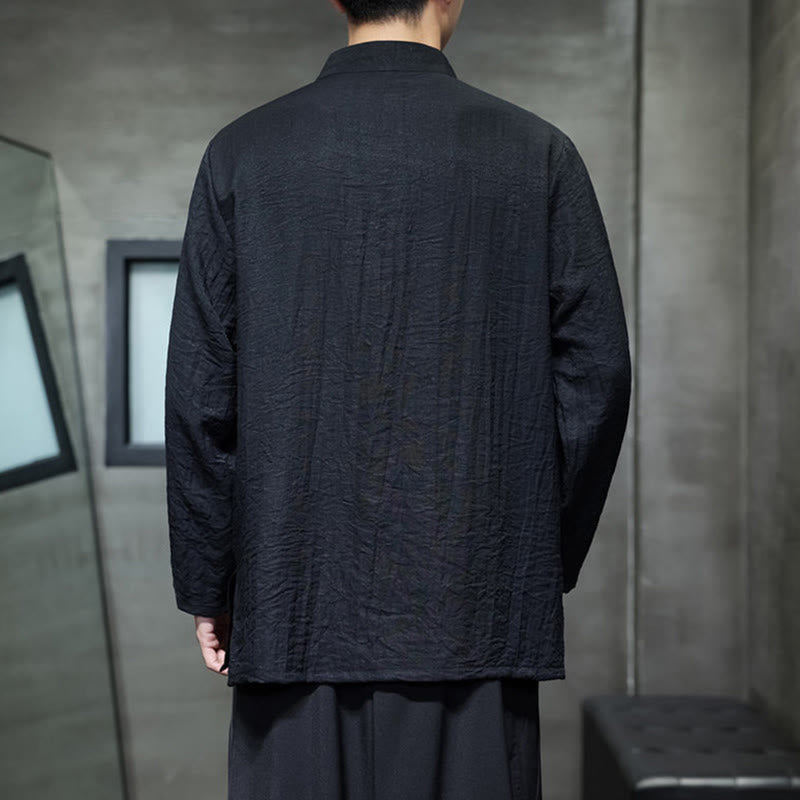 Camicia da uomo in cotone e lino a maniche lunghe con ricamo di foglie di bambù in tinta unita autunnale Buddha Stones - image 19