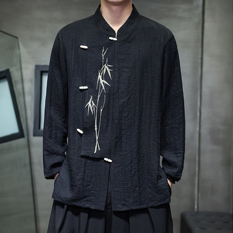 Camicia da uomo in cotone e lino a maniche lunghe con ricamo di foglie di bambù in tinta unita autunnale Buddha Stones - image 17