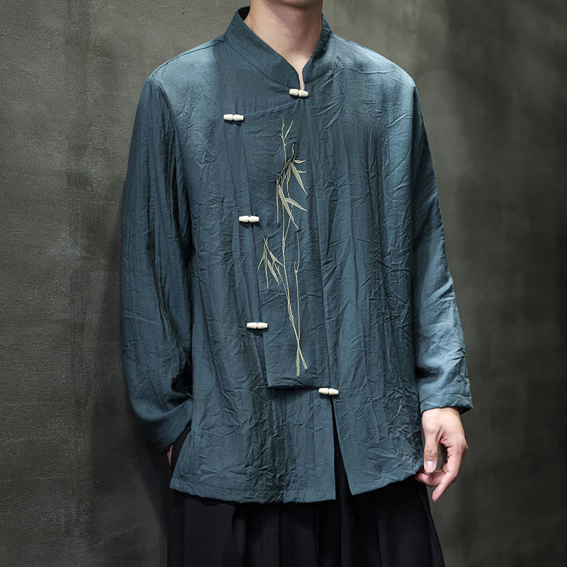 Camicia da uomo in cotone e lino a maniche lunghe con ricamo di foglie di bambù in tinta unita autunnale Buddha Stones - image 23