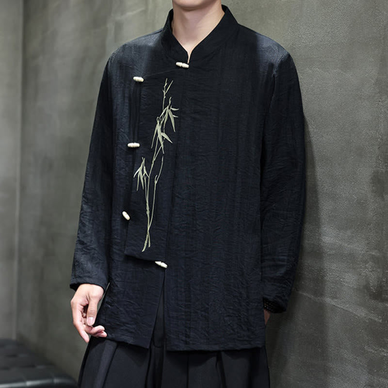 Camicia da uomo in cotone e lino a maniche lunghe con ricamo di foglie di bambù in tinta unita autunnale Buddha Stones - image 20