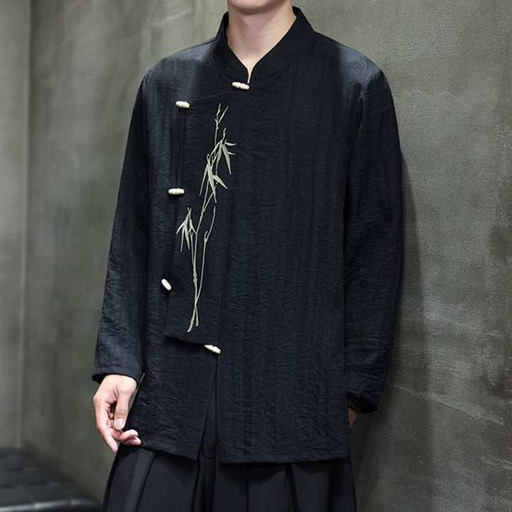 Camicia da uomo in cotone e lino a maniche lunghe con ricamo di foglie di bambù in tinta unita autunnale Buddha Stones - image 20