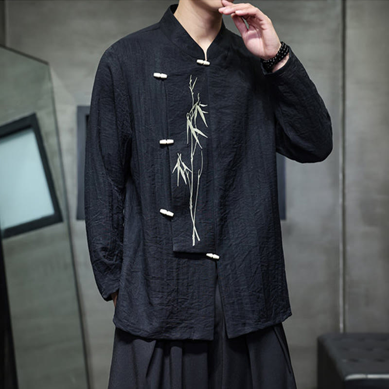 Camicia da uomo in cotone e lino a maniche lunghe con ricamo di foglie di bambù in tinta unita autunnale Buddha Stones - image 18