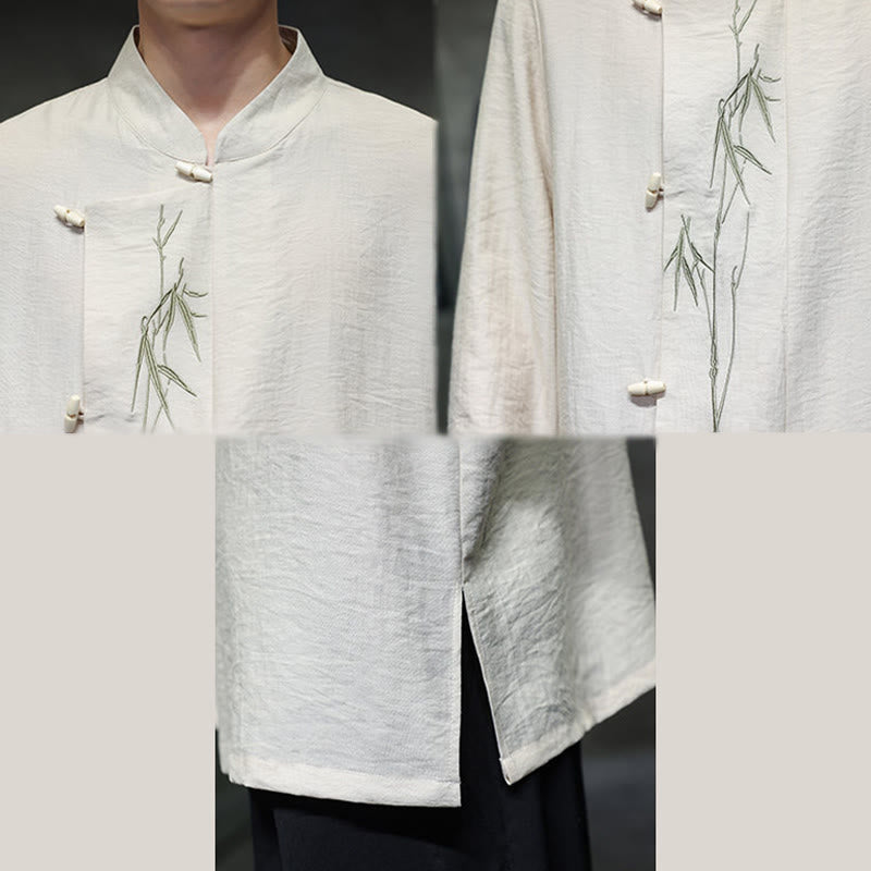 Camicia da uomo in cotone e lino a maniche lunghe con ricamo di foglie di bambù in tinta unita autunnale Buddha Stones - image 15