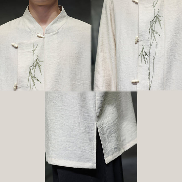 Camicia da uomo in cotone e lino a maniche lunghe con ricamo di foglie di bambù in tinta unita autunnale Buddha Stones - image 15