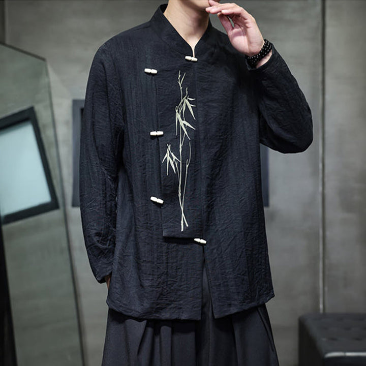 Camicia da uomo in cotone e lino a maniche lunghe con ricamo di foglie di bambù in tinta unita autunnale Buddha Stones - image 18