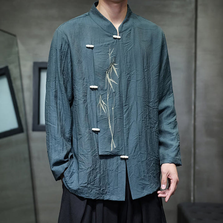 Camicia da uomo in cotone e lino a maniche lunghe con ricamo di foglie di bambù in tinta unita autunnale Buddha Stones - image 27