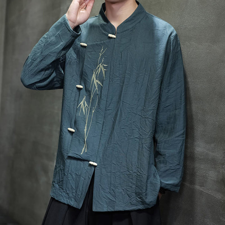 Camicia da uomo in cotone e lino a maniche lunghe con ricamo di foglie di bambù in tinta unita autunnale Buddha Stones - image 26