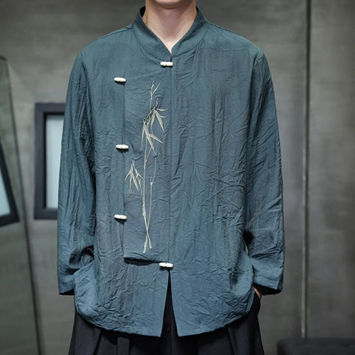 Camicia da uomo in cotone e lino a maniche lunghe con ricamo di foglie di bambù in tinta unita autunnale Buddha Stones - image 22