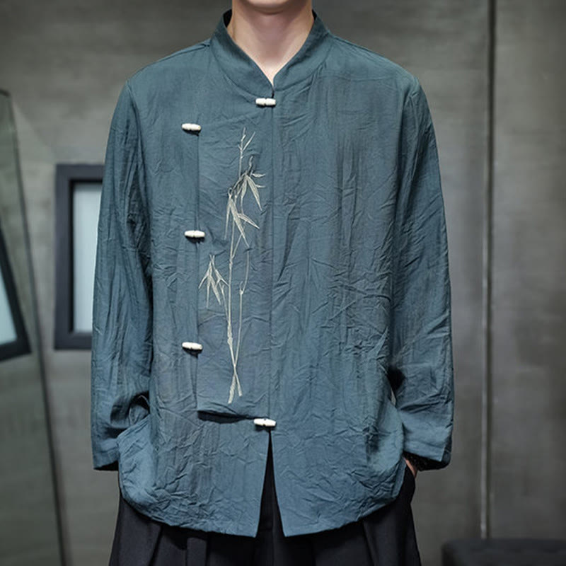 Camicia da uomo in cotone e lino a maniche lunghe con ricamo di foglie di bambù in tinta unita autunnale Buddha Stones - image 22