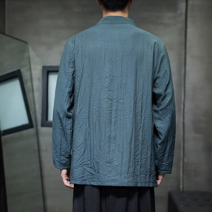 Camicia da uomo in cotone e lino a maniche lunghe con ricamo di foglie di bambù in tinta unita autunnale Buddha Stones - image 24