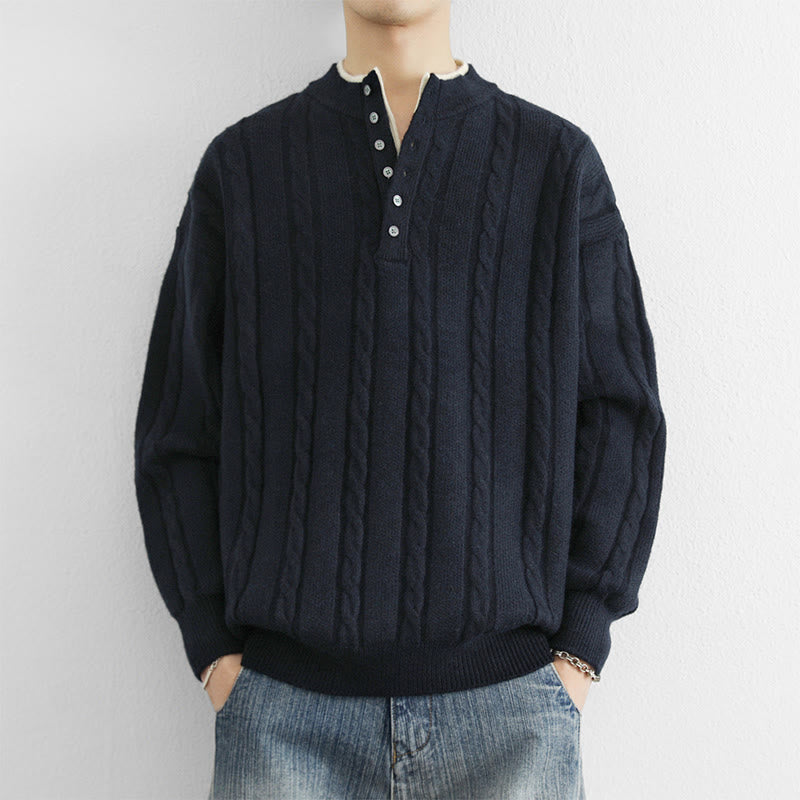 Maglione lavorato a maglia a maniche lunghe da uomo, caldo, invernale, con scollo a V, bottoni intrecciati, motivo Buddha Stones - Blu notte - US/UK/AU44, EU54 (4XL) - image 0