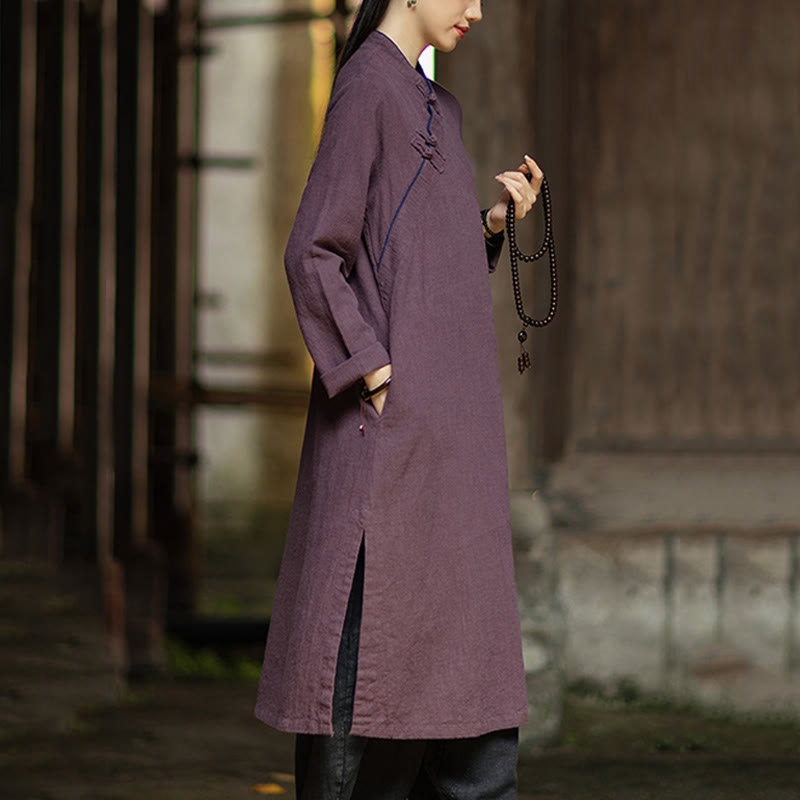 Abito midi in lino ramiè con tasche e maniche lunghe, motivo Buddha Stones , tinta unita, bottoni a rana - image 17