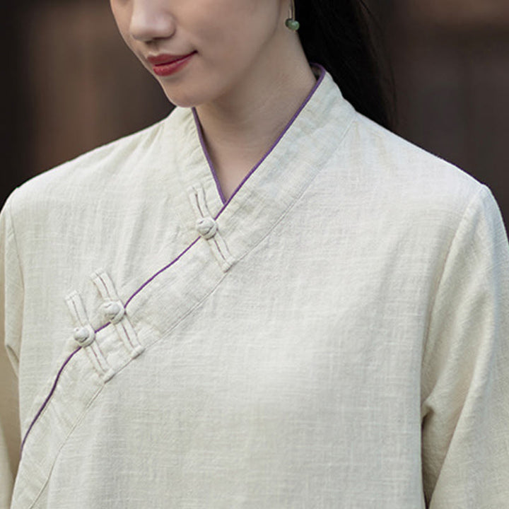 Abito midi in lino ramiè con tasche e maniche lunghe, motivo Buddha Stones , tinta unita, bottoni a rana - image 14