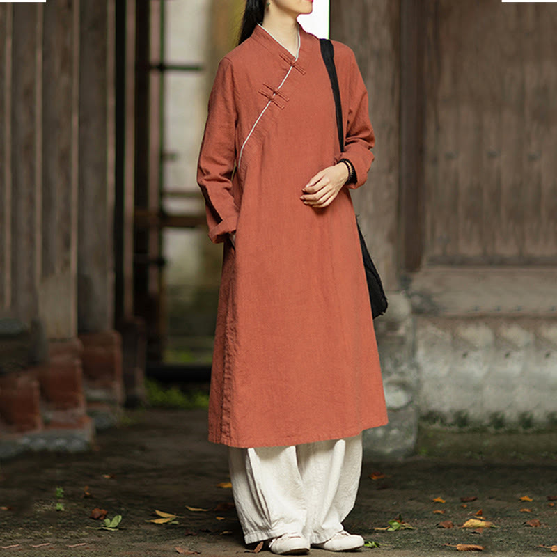 Abito midi in lino ramiè con tasche e maniche lunghe, motivo Buddha Stones , tinta unita, bottoni a rana - image 5