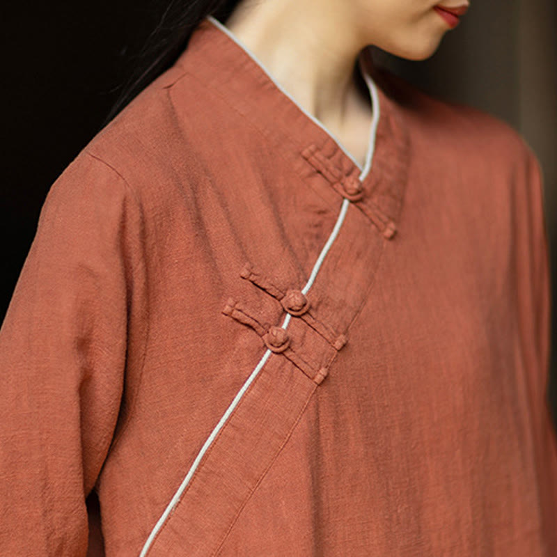 Abito midi in lino ramiè con tasche e maniche lunghe, motivo Buddha Stones , tinta unita, bottoni a rana - image 6