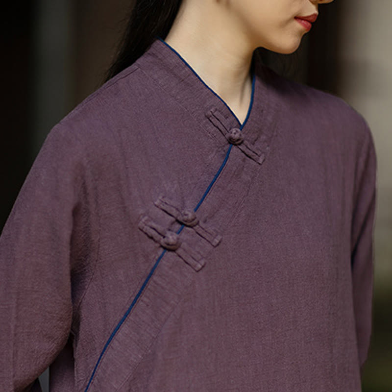 Abito midi in lino ramiè con tasche e maniche lunghe, motivo Buddha Stones , tinta unita, bottoni a rana - image 21