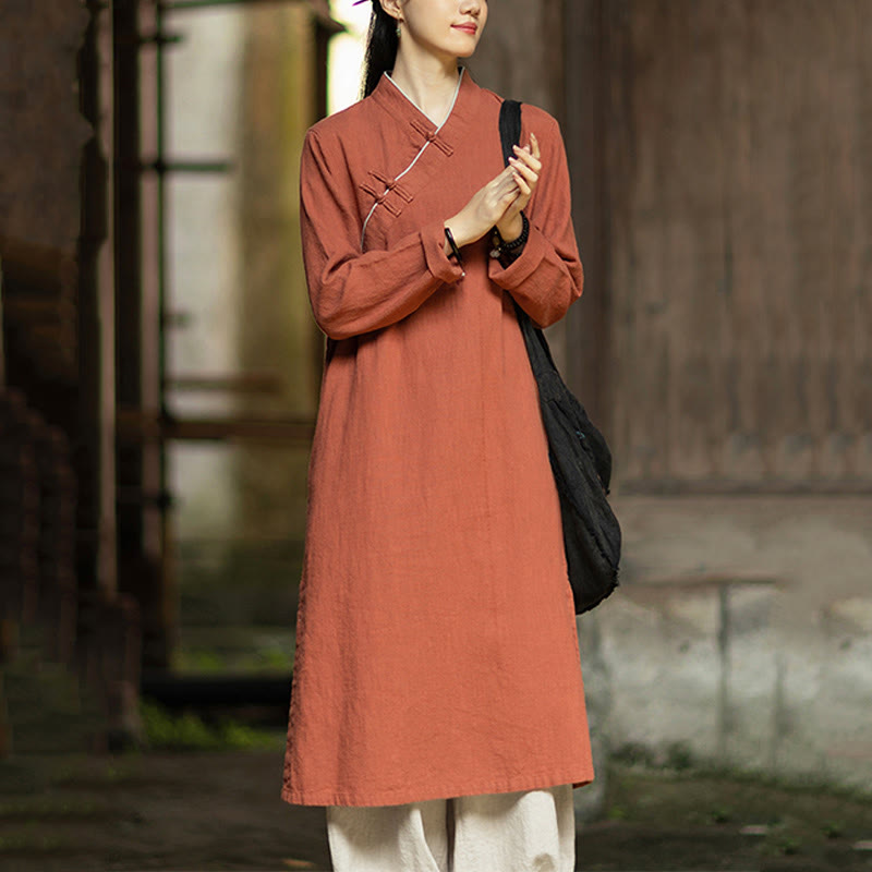 Abito midi in lino ramiè con tasche e maniche lunghe, motivo Buddha Stones , tinta unita, bottoni a rana - image 3