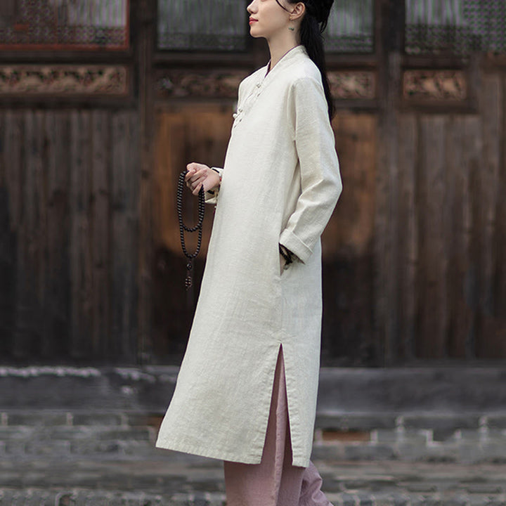 Abito midi in lino ramiè con tasche e maniche lunghe, motivo Buddha Stones , tinta unita, bottoni a rana - image 13