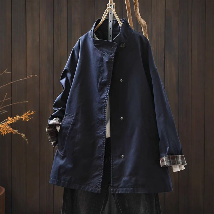 Giacca da donna in cotone di media lunghezza con bottoni autunnali, maniche lunghe e tasche , Buddha Stones - SteelBlue - US4， UK/AU8，EU36-38 (F) - image 0